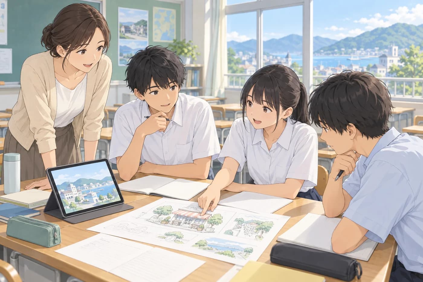 先生と高校生が地域の仕事について考えるイメージイラスト