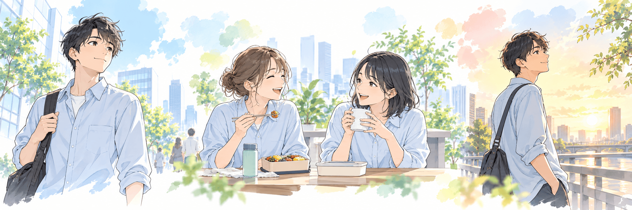 出勤、昼休み、帰宅を表すイメージイラスト