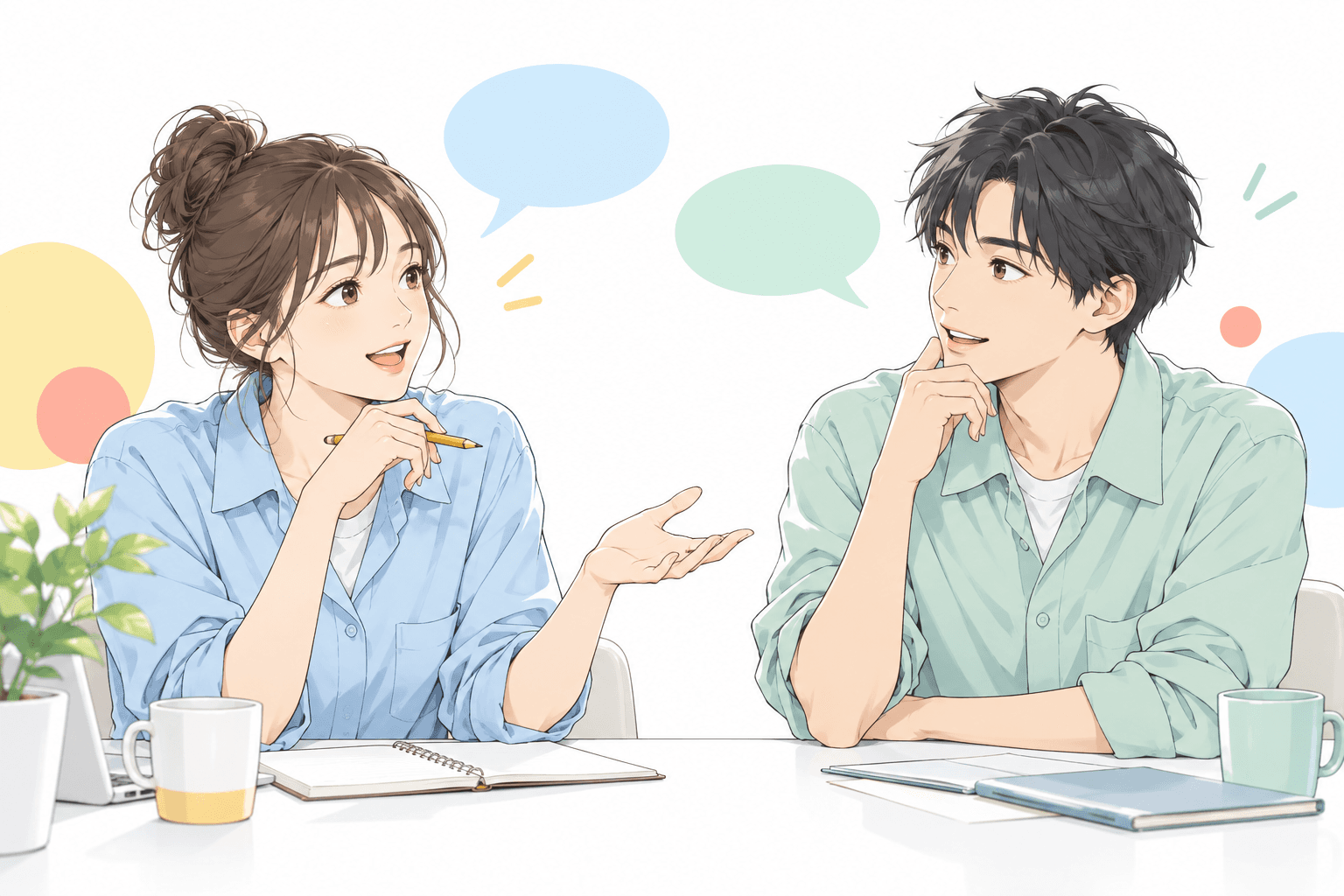 若手の働く人が会話するイメージイラスト